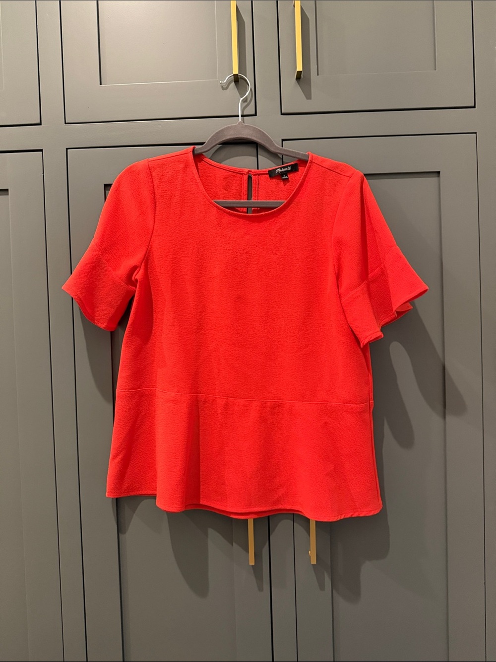Madewell Bright Coral Peplum Short Sleeve Blouse